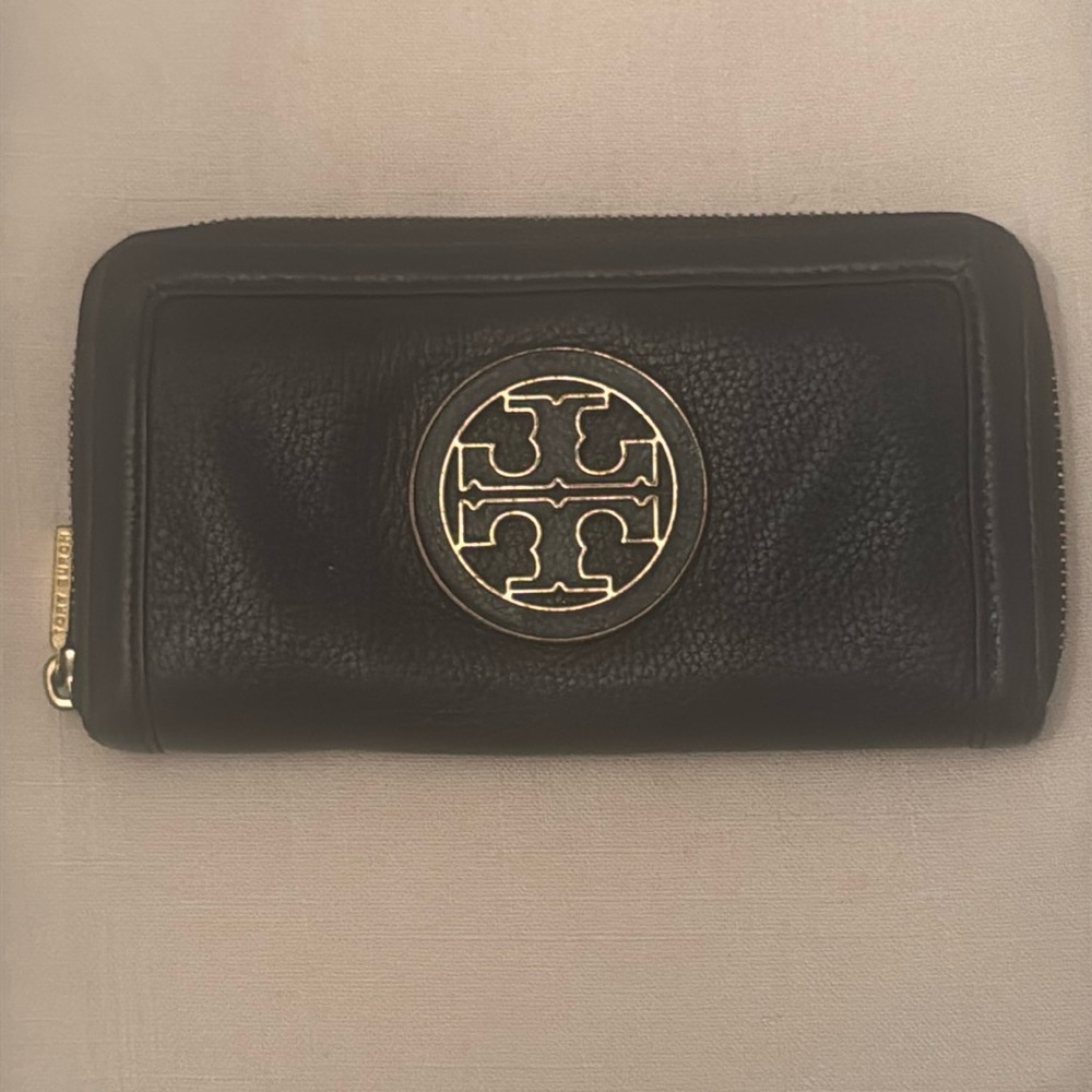 Tory Burch Black Zip-Around Wallet with Gold Emblem